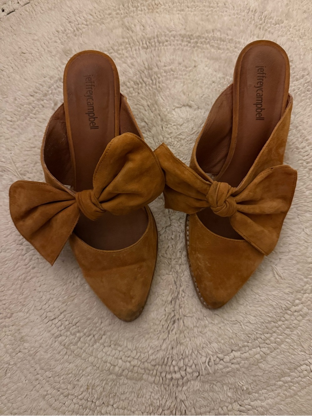 Jeffrey Campbell Suede Bow Mules in Cognac Brown